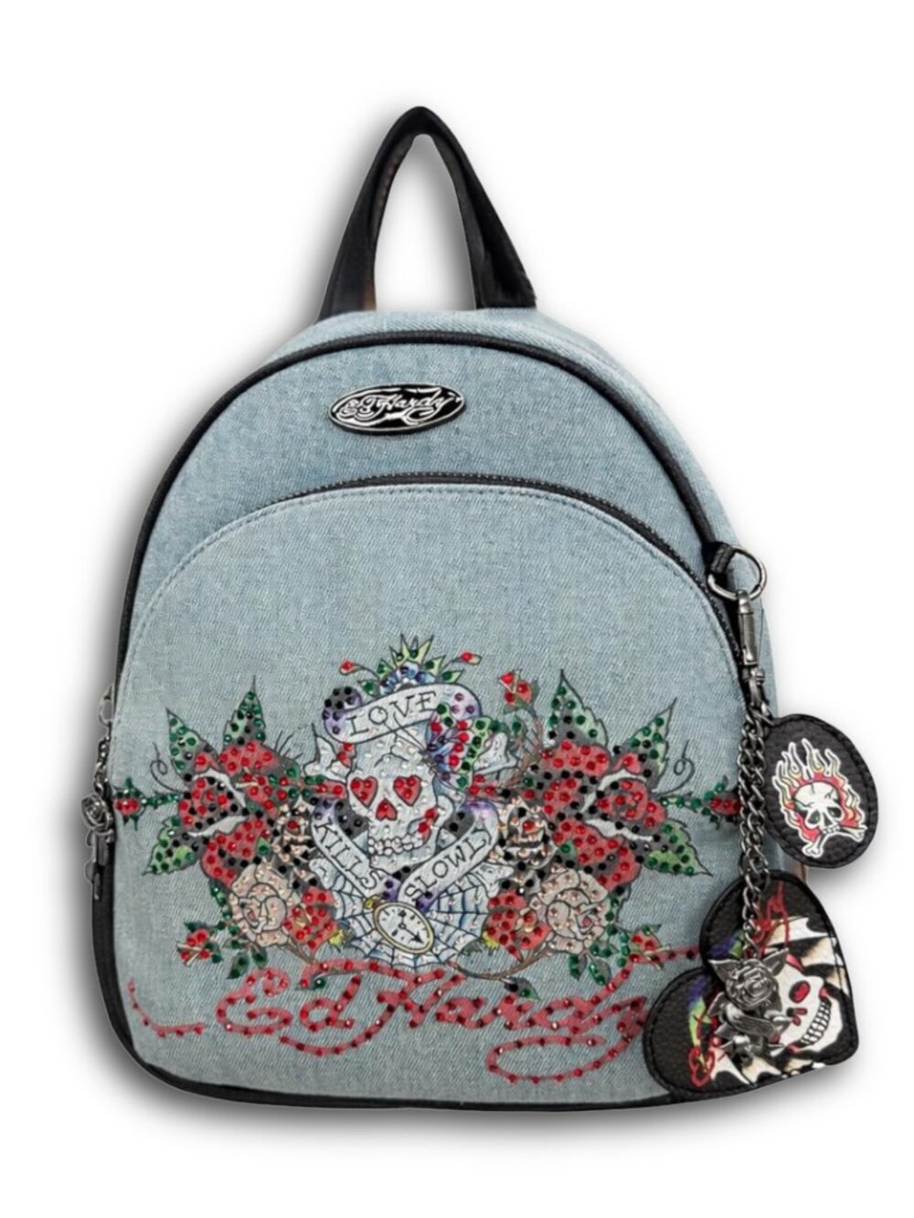 NWT Ed Hardy Denim Mini Backpack Love Kills Slowly Skull Roses Y2K